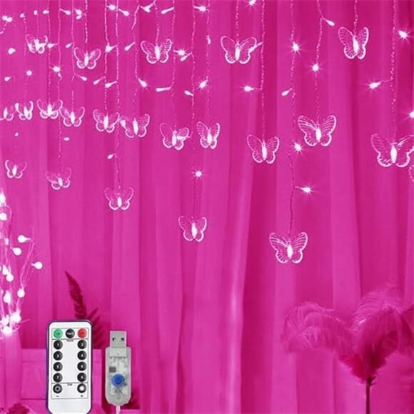 USB Powered String Light 13FT 96LED Curtain Light 16 Butterflies Strings 8 Mode - Picture 8 of 8